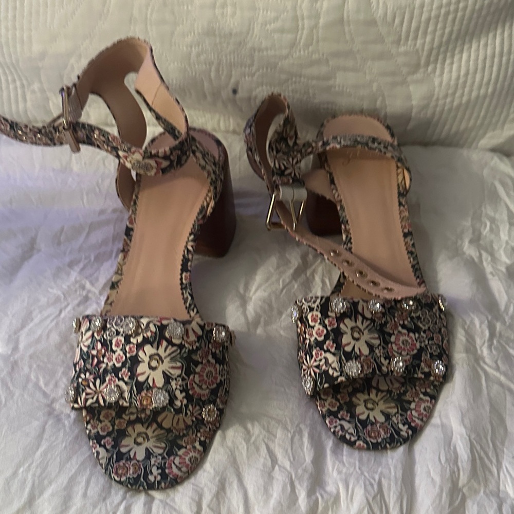 J. Crew Floral Print Sandals with Black and Pink Accents